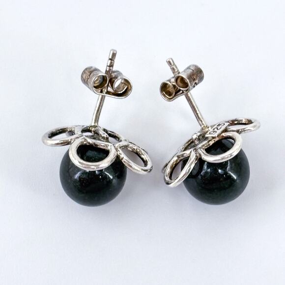Vintage Sterling Silver 925 Black Pearl Floral Stud Earrings - Picture 6 of 8